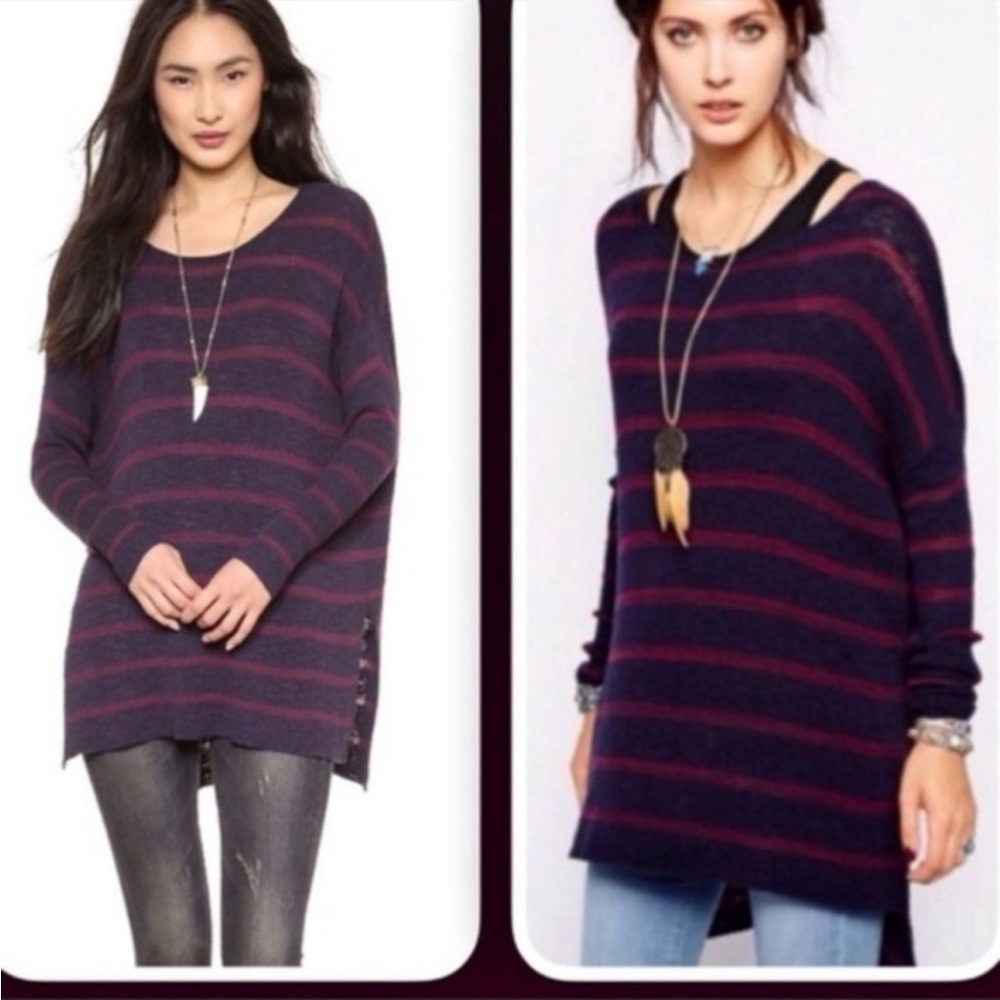 Free people oversized maroon and navy striped sweater Xs Euc